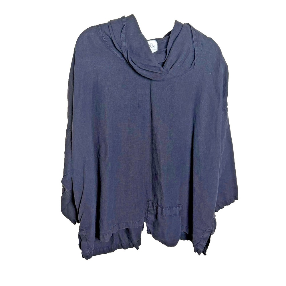 LA Fixsun Linen Cowl Neck Oversized Tunic Top Lagenlook Blue Women's Size L